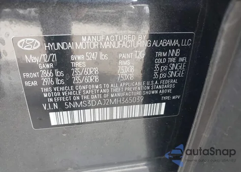 2021 Hyundai Santa Fe Sel из США, поврежденный, VIN 5NMS3DAJ2MH365039